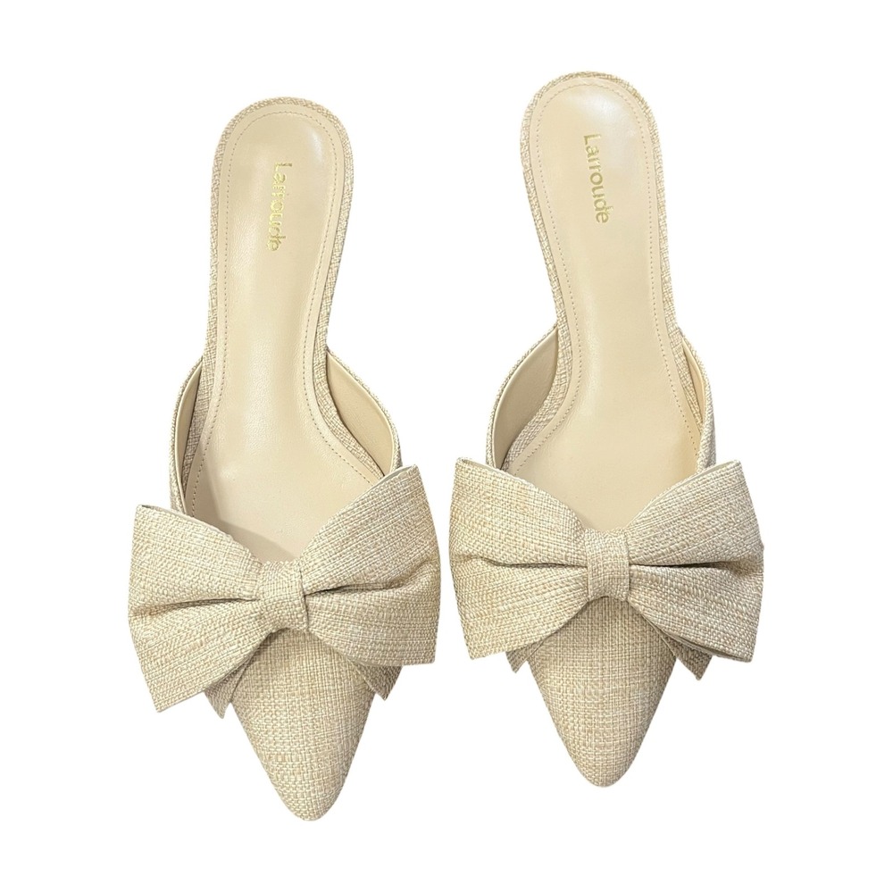 Larroude Elle Raffia Flats Womens 9.5 Beige Pointed Toe Bow Mules Brazil